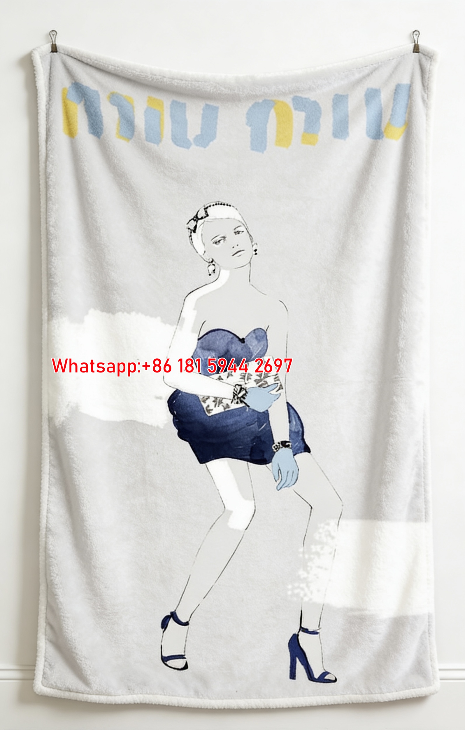 Miu Miu Navy Blue & Pale Gray Watercolor Fashion Girl Print Flannel Throw Blanket IMG_0585